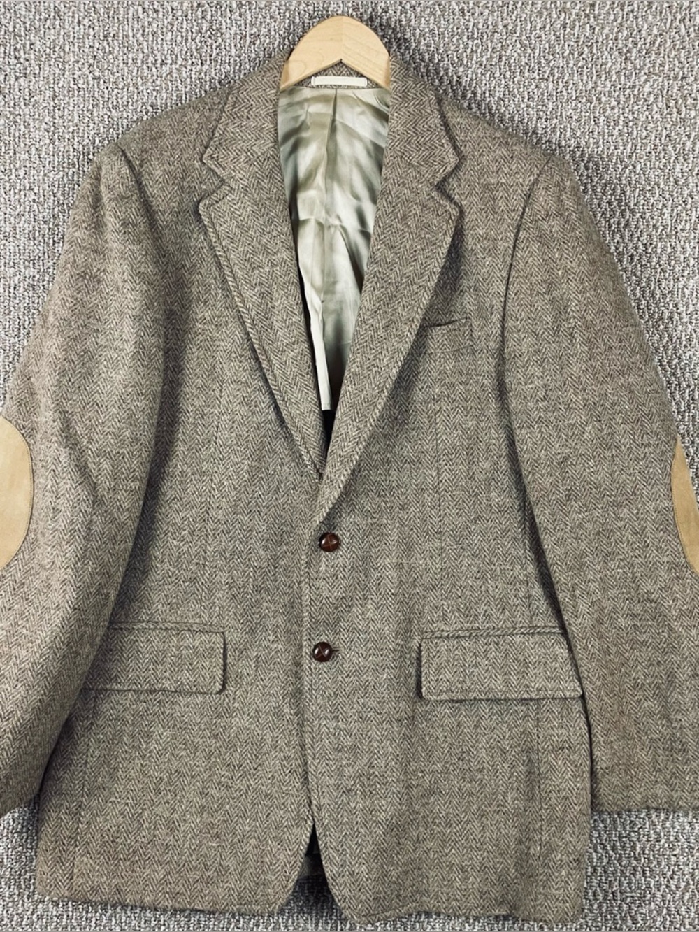 Vintage Harris Tweed Blazer Mens 44 Herringbone Elbow Patch Union 1960s USA R1